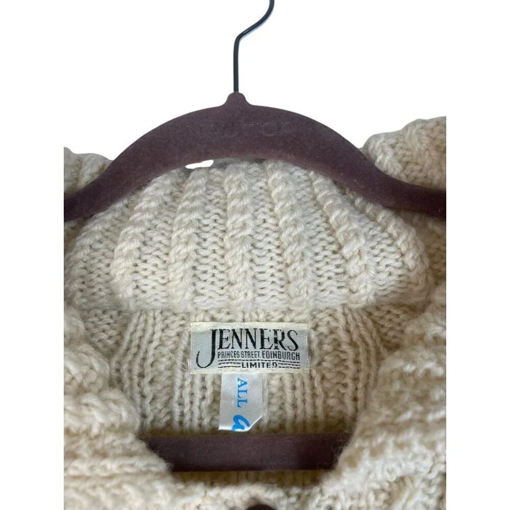 Cream Cable Knit Cardigan Sweater With Front Pockets & Button Closure By Jenners